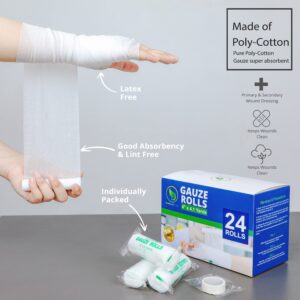 Premium Gauze Rolls - Pack of 24-4" x 4.1 Yards Individually Wrapped, First Aid conforming bandages + Bonus Medical Tape