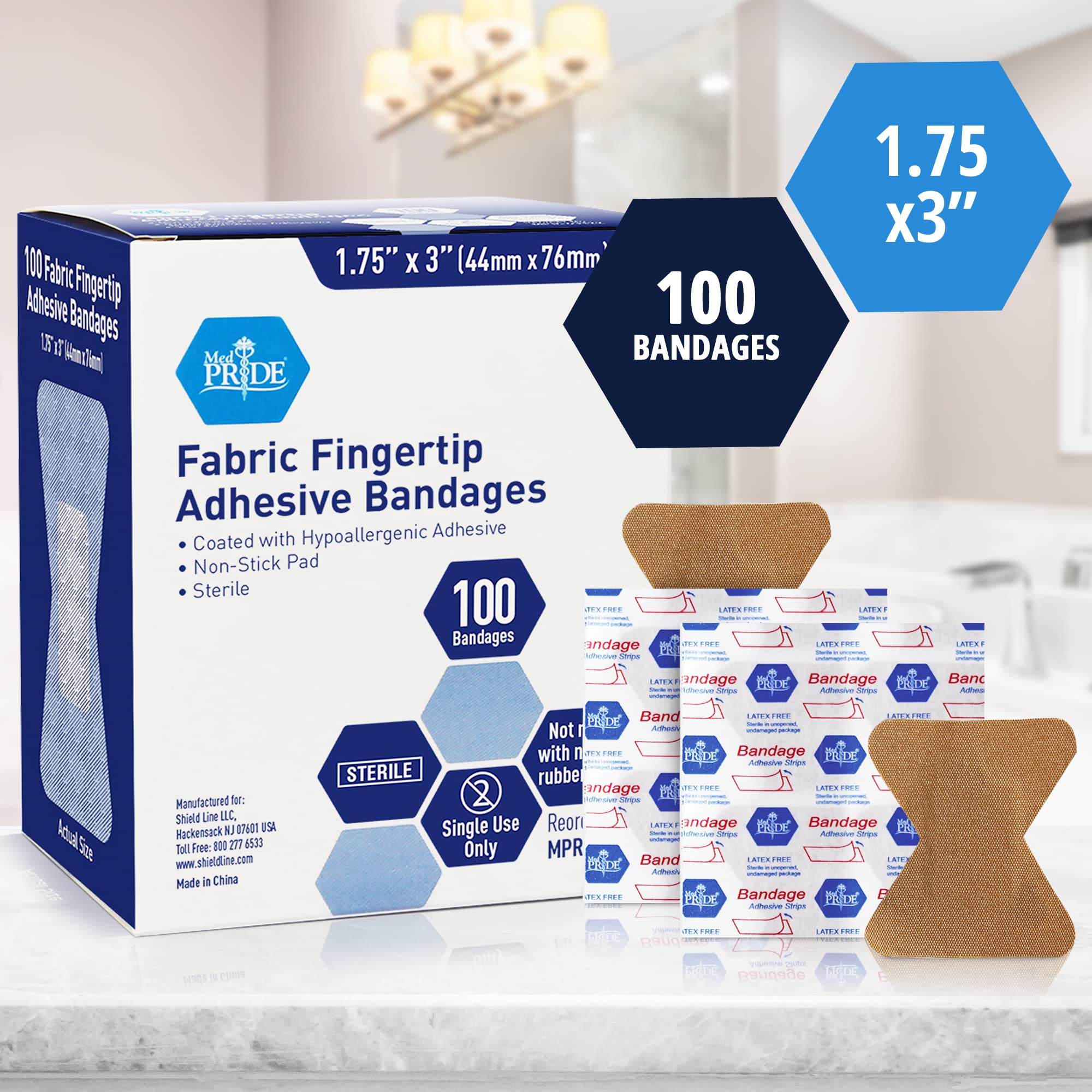 MED PRIDE Sterile Fabric Fingertip Adhesive Bandages 1.75'' x 3'' [100 Count]- First Aid Finger Bandages Coated with Hypoallergenic Adhesive- Latex-Rubber Free Wound Care Bandages- Individual Wrapped