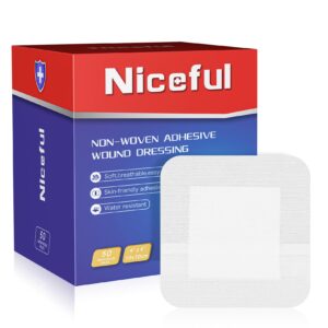 niceful 50pcs adhesive gauze island dressing 4"x4", water-resistant wound dressing, sterile & absorbent medical grade dressing pad first aid dressing pads