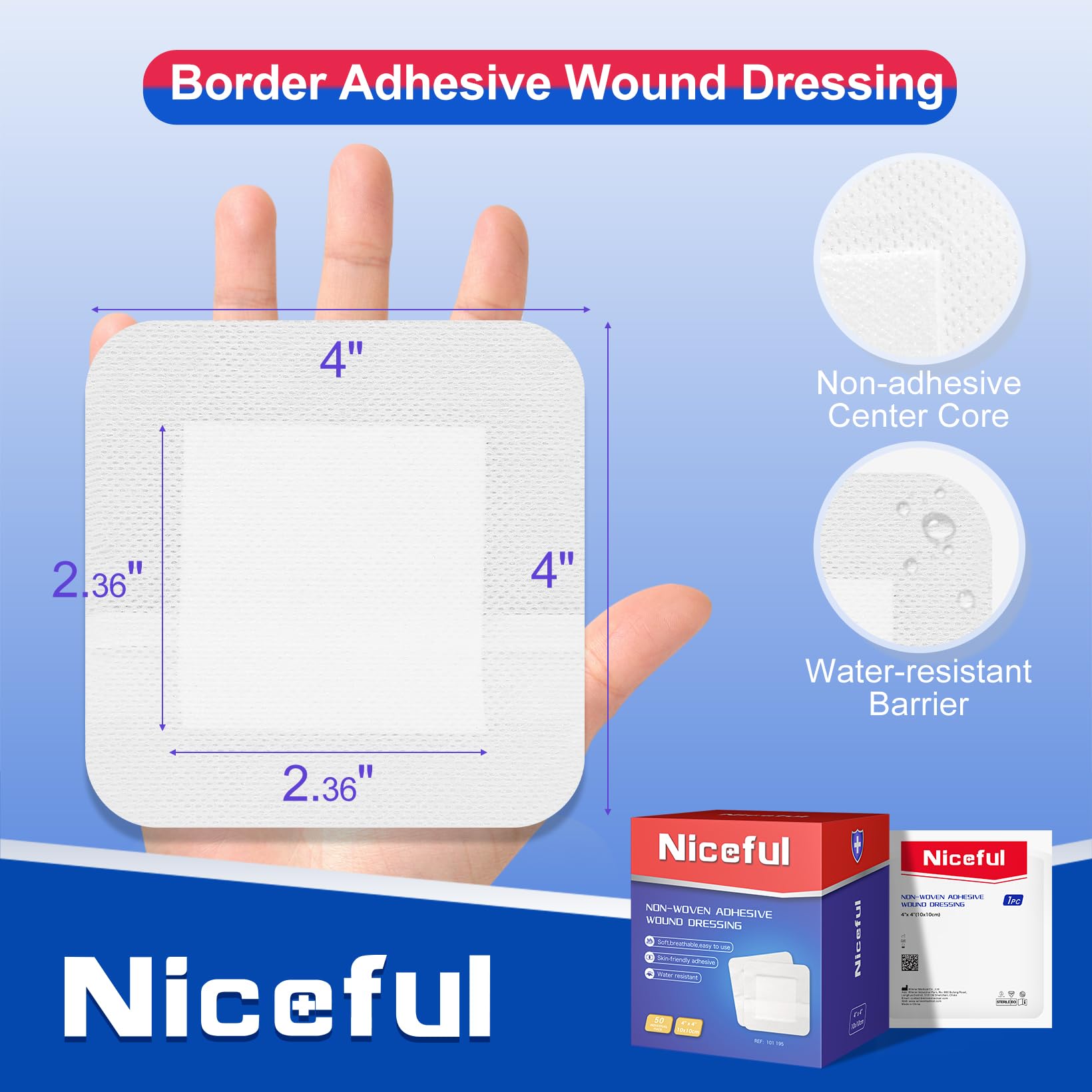 Niceful 50Pcs Adhesive Gauze Island Dressing 4"x4", Water-Resistant Wound Dressing, Sterile & Absorbent Medical Grade Dressing Pad First Aid Dressing Pads