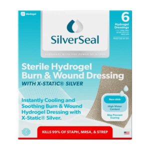 silverseal burn and wound dressing, hydrogel pads with x-static silver, soothing, moist & protective for burns, cuts & wounds, 2" x 3" sterile dressings, 6 count