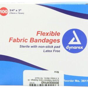 Dynarex Fabric Adhesive Bandages - Sterile & Flexible Fabric Bandages for Wounds - Non-Stick Pads - Individually-Wrapped First Aid Supplies - No Latex - 3/4x3", 100 Count(Pack of 1)