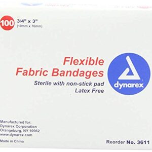 Dynarex Fabric Adhesive Bandages - Sterile & Flexible Fabric Bandages for Wounds - Non-Stick Pads - Individually-Wrapped First Aid Supplies - No Latex - 3/4x3", 100 Count(Pack of 1)