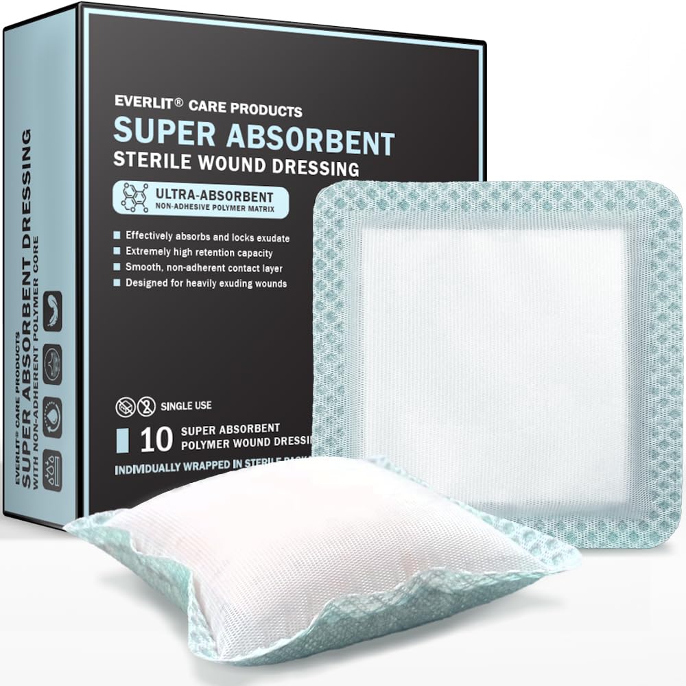 EVERLIT Super Absorbent Dressing for Wound Care | Nonstick Soft Surgical Gauze Pad for Heavily Exuding Wounds | Large Sterile Non-adhesive Bandage for Fast Healing Wound Care | Pack of 10 (4" x 4")