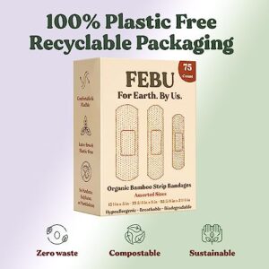 FEBU Eco-Friendly Organic Bamboo Fabric Bandages for Sensitive Skin | PFAS Free Flexible Latex Free Bandages | Natural Hypoallergenic Bandages for Scrapes, Cuts & First Aid | 75 Count Variety Pack