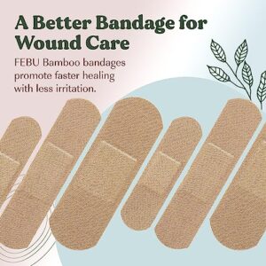 FEBU Eco-Friendly Organic Bamboo Fabric Bandages for Sensitive Skin | PFAS Free Flexible Latex Free Bandages | Natural Hypoallergenic Bandages for Scrapes, Cuts & First Aid | 75 Count Variety Pack