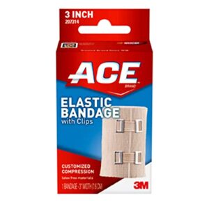 ace brand 3 inch elastic bandage with clips, beige, 3 in x 63.6 in, great for elbow, ankle, knee & more, comfortable design for prolonged wear, easy-to-use wrap design (207314)