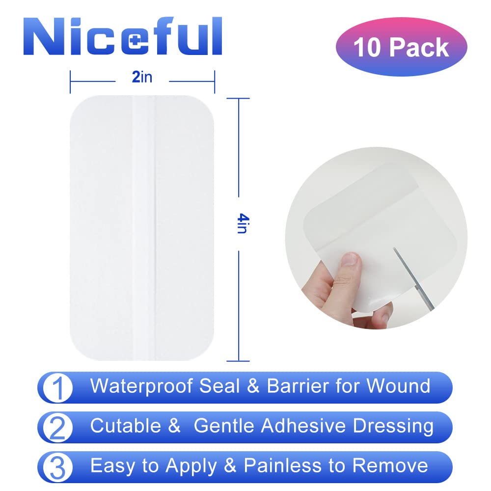 Niceful 10 Pack Hydrocolloid Bandages Large, 2"x4" Hydrocolloid Dressing Extra Thin for Light Exudate, HSA FSA Eligible, Large Hydrocolloid Bandages Fast Healing