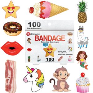 bioswiss bandages, assorted animal, fun, and food shaped self adhesive bandage, latex free sterile wound care, 100 count