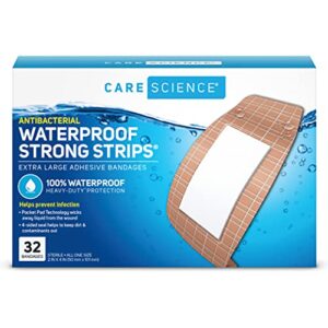 care science waterproof strong strips adhesive bandages, extra large, 32 ct | 100% waterproof, heavy-duty protection, helps prevent infection for first aid and wound care