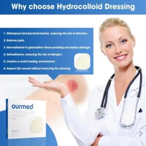 Ourmed Hydrocolloid Bandages Large 4" x 4", Extra Thin Waterproof Wound Dressing with Adhesive for Light Exudate Wound, Blister, Acne, Superficial Wound Care, 0.5mm, 10 Pack, FSA HSA Eligible