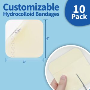 Ourmed Hydrocolloid Bandages Large 4" x 4", Extra Thin Waterproof Wound Dressing with Adhesive for Light Exudate Wound, Blister, Acne, Superficial Wound Care, 0.5mm, 10 Pack, FSA HSA Eligible