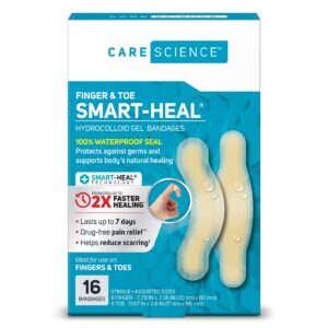 care science fast healing hydrocolloid gel bandages, fingers & toes, assorted sizes, 16 ct | 100% waterproof seal promotes up to 2x faster healing, reduces scarring, for wound care or blisters