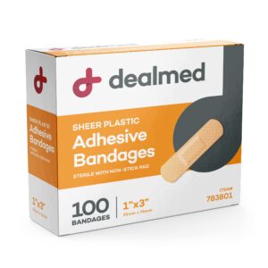 dealmed sheer plastic flexible adhesive bandages – 100 count (1 pack) bandages with non-stick pad, latex free, wound care for first aid kit, 1" x 3"