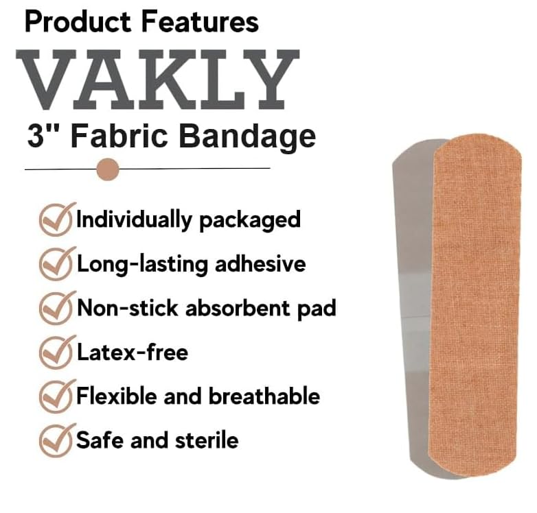 200 Fabric Flexible Adhesive Bandage Strips - 3" x 3/4" Breathable Bandages with Non-Stick Pad - Latex Free for First Aid Kit Wound Care and Protection (2 packs of 100)