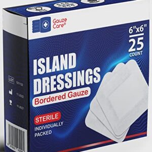 GauzeCare Island Dressing 6x6 (inch) 25 Pcs| Individually Packed Sterile Bordered dressing | 4x4 Non-Stick Pad in Center with Acrylic Adhesive Borders| Water-Resistant Adhesive Pads for Wound Care