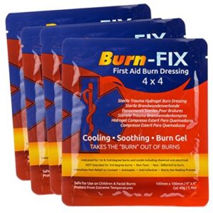 Burn-FIX 4 Pack - Hydrogel Burn Dressing, 4x4 Inches - Quick Comfort & Rapid Healing - Natural, Sterile First Aid for Burns, Cuts, Sunburns - Emergency First Aid Care.