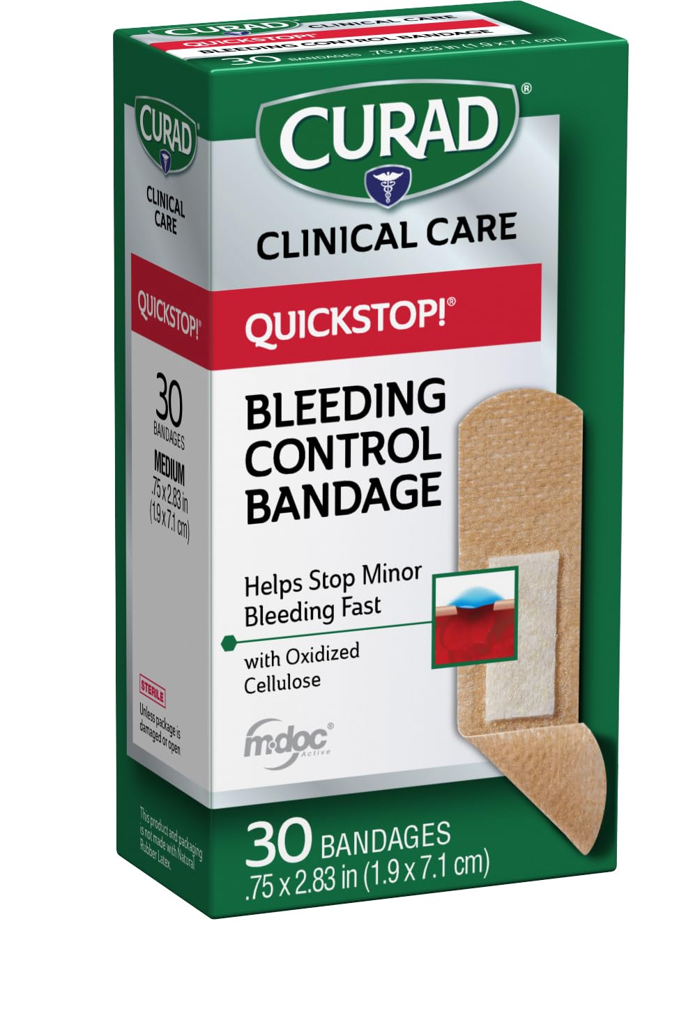 CURAD QuickStop! Flex-Fabric Bandages, 0.75x2.83 Inch, 30/Box, One Box