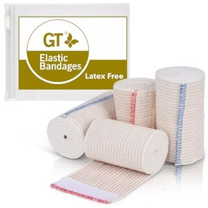 premium elastic bandage wraps (4"x2, 3"2) - made of grown organic cotton - hook & loop fasteners at both ends - gt latex free hypoallergenic compression roll for sprains & injuries