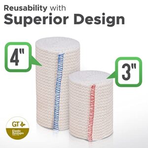 Premium Elastic Bandage Wraps (4"x2, 3"2) - Made of Grown Organic Cotton - Hook & Loop Fasteners at Both Ends - GT Latex Free Hypoallergenic Compression Roll for Sprains & Injuries