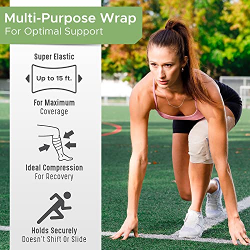 Premium Elastic Bandage Wraps (4"x2, 3"2) - Made of Grown Organic Cotton - Hook & Loop Fasteners at Both Ends - GT Latex Free Hypoallergenic Compression Roll for Sprains & Injuries