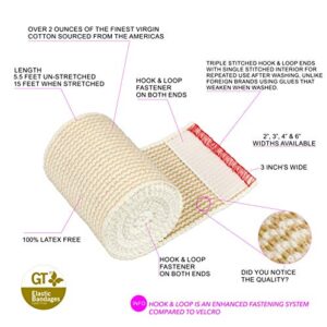 Premium Elastic Bandage Wraps (4"x2, 3"2) - Made of Grown Organic Cotton - Hook & Loop Fasteners at Both Ends - GT Latex Free Hypoallergenic Compression Roll for Sprains & Injuries