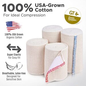 Premium Elastic Bandage Wraps (4"x2, 3"2) - Made of Grown Organic Cotton - Hook & Loop Fasteners at Both Ends - GT Latex Free Hypoallergenic Compression Roll for Sprains & Injuries