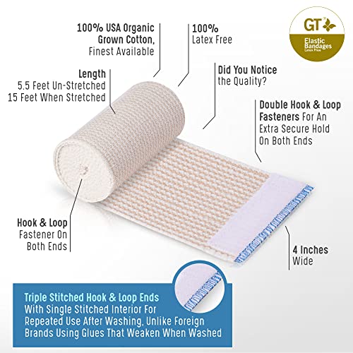 Premium Elastic Bandage Wraps (4"x2, 3"2) - Made of Grown Organic Cotton - Hook & Loop Fasteners at Both Ends - GT Latex Free Hypoallergenic Compression Roll for Sprains & Injuries