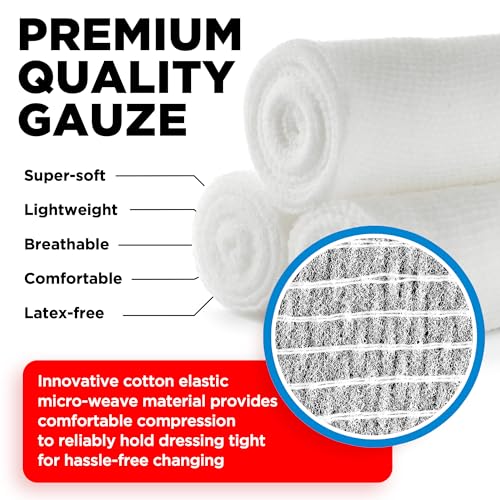 Premium Gauze Rolls - (24 Pack) - 4" x 4.1yd Breathable Rolled Gauze - Individually Wrapped + Bonus Tape - First Aid Conforming Gauze Wrap Roll for Wounds