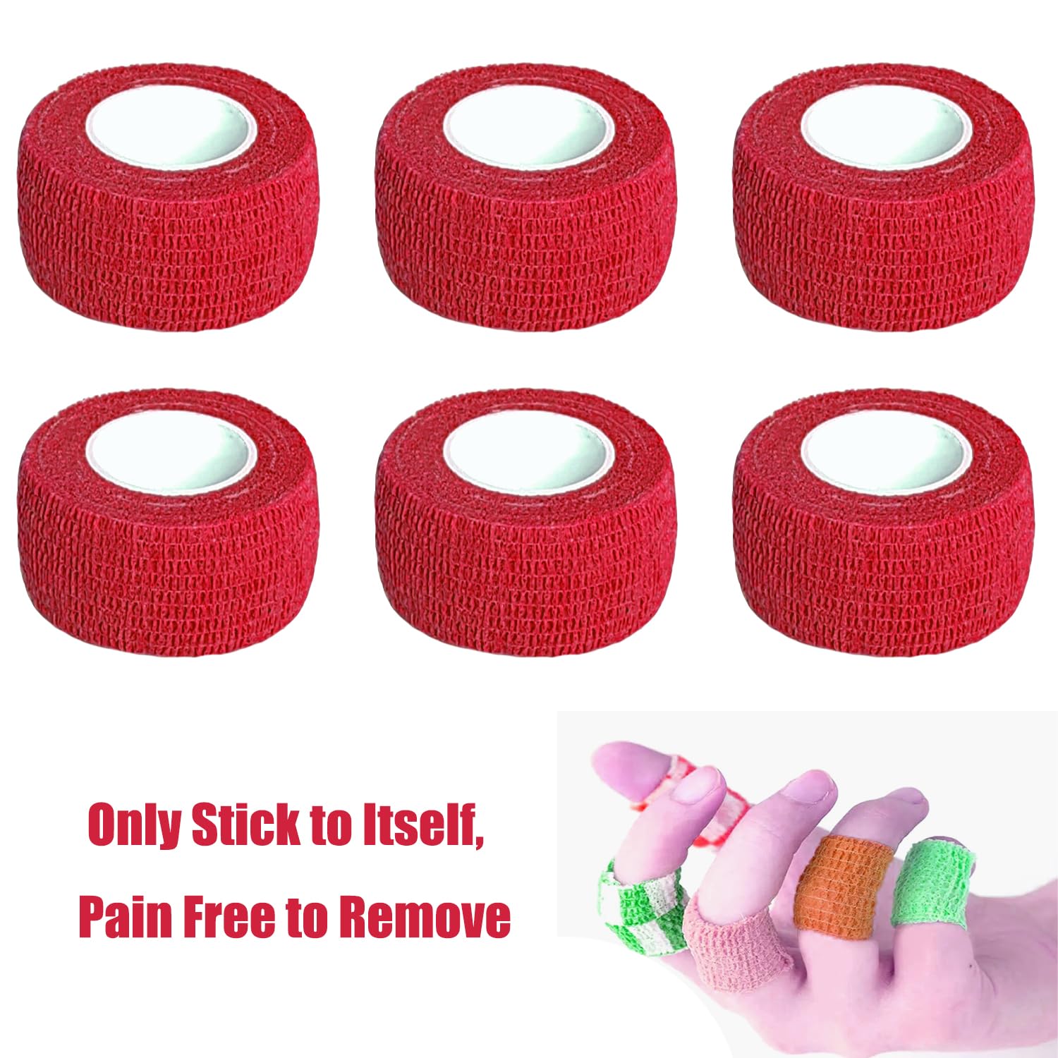 Baisunt 6 Pack 1 Inches Cohesive Bandage Self Adhesive Wrap Elastic Self Adherent Vet Wrap Breathable Self Stick Tape for Wrist, Ankle, Sports, Tatoo Wrap(5 Yards, Red)