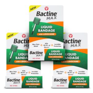 Bactine MAX Liquid Bandage with Lidocaine - Wound Cleaning Liquid Bandage for Skin - Kills 99% of Germs, Covers & Protects - Skin Glue for Wounds - 0.3fl oz, 3 Pack