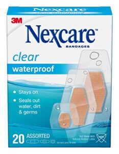 nexcare waterproof bandages, stays on in the pool, holds for 12 hours, clear bandages for fingers and elbows - 20 pack waterproof bandages