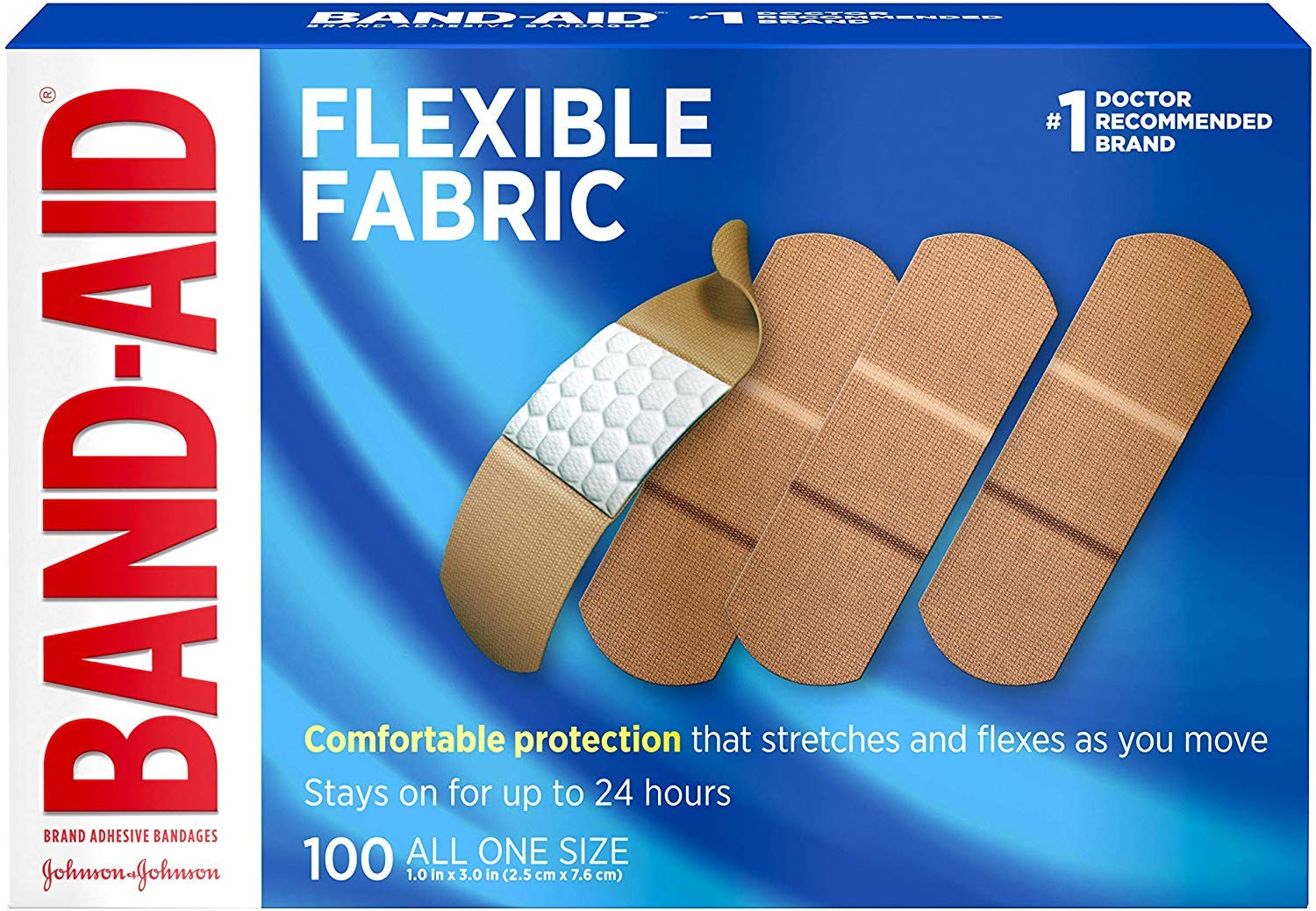 Johnson & Johnson JJ4444 Band-Aid Woven Adhesive Bandages, 1" x 3", Tan (Box of 100)