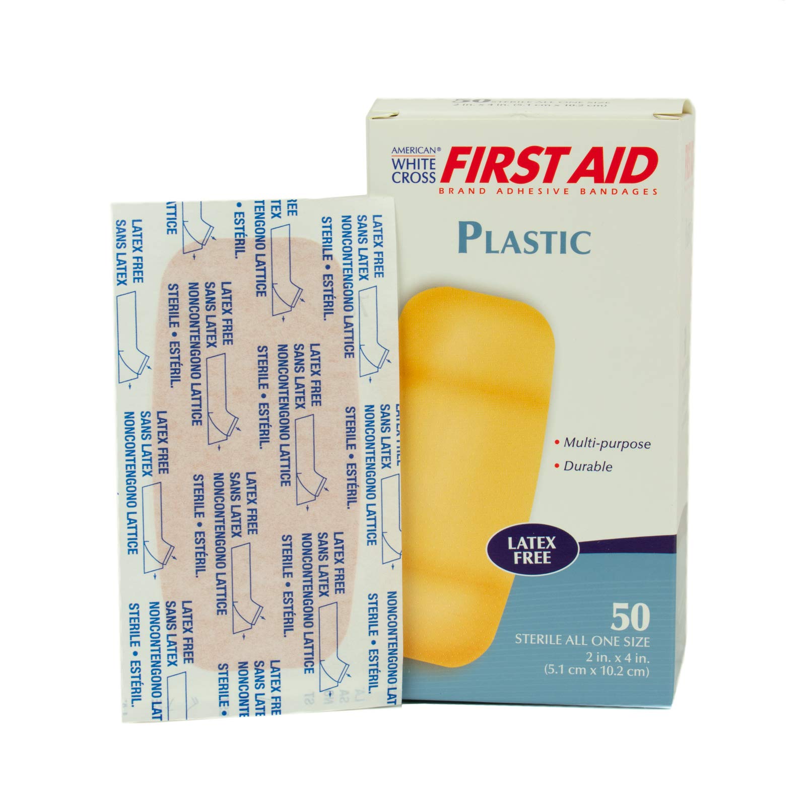 American White Cross 261846 First Aid Plastic Adhesive Bandages, Latex Free Bandages, Large Strips, 2" Width, 4" Length, Pack of 50