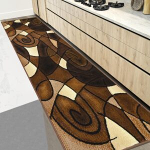 hr chocolate/brown/beige/black abstract area rug - modern contemporary, bedroom rug with circles wave design pattern - shed-free & easy to maintain elegance. 2’ x 7’ runner