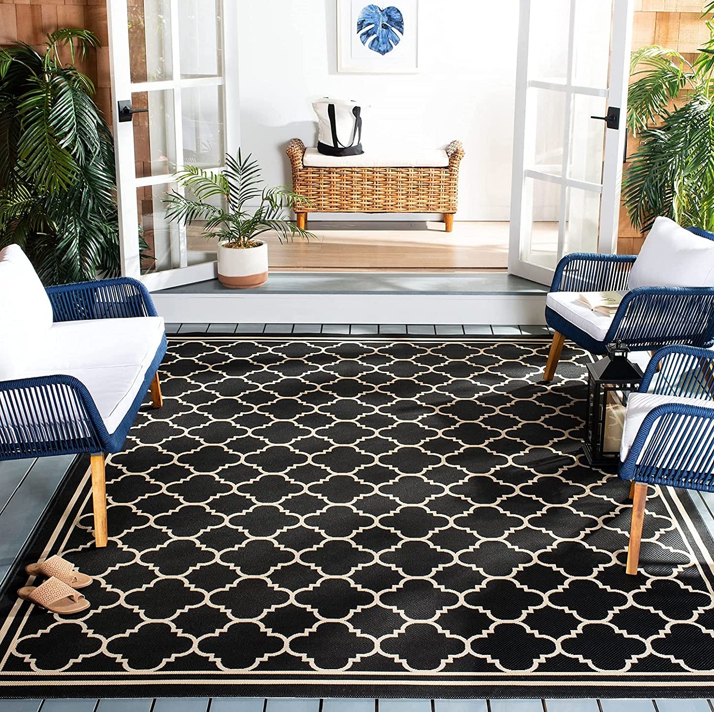 SAFAVIEH Courtyard Collection Accent Rug - 4' x 5'7", Black & Beige, Trellis Design, Non-Shedding & Easy Care, Indoor/Outdoor & Washable-Ideal for Patio, Backyard, Mudroom (CY6918-226)