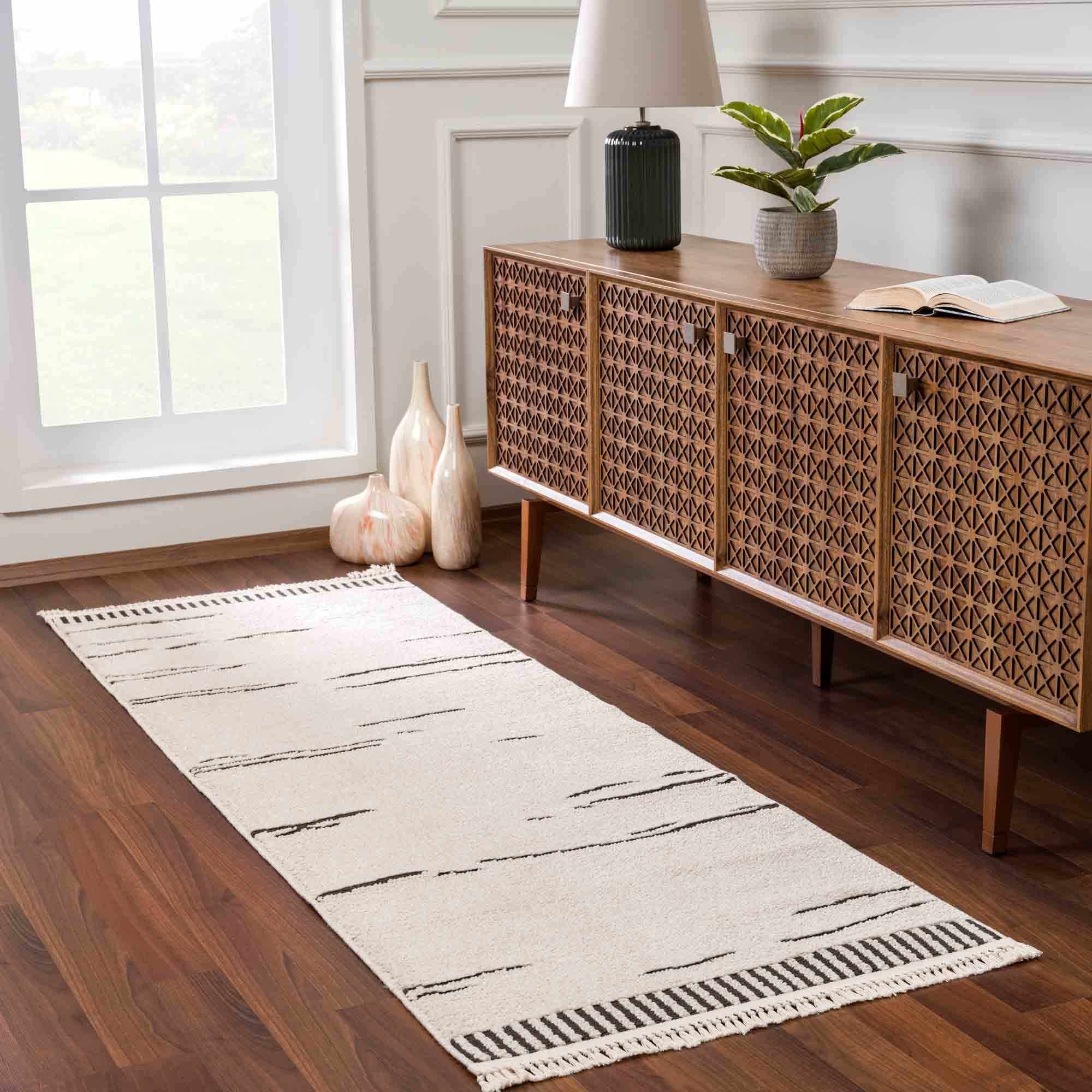 Hauteloom Munich Modern Farmhouse Hallway Entryway Runner Rug - Casual Boho Long Runner Rug - Bohemian Neutral Minimalist - Bone, Cream, Beige, Black - 2'7" x 7'3"