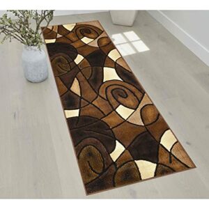 hr-chocolate brown/beige/mocha/black/abstract area rug modern contemporary circles | living room rug with wavey swirlls design pattern (2' x 7' runner)