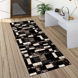 runner carpet for hallway non slip washable 1'7"x5' black grey and brown modern runner mat with rubber backing rugs, customizable size