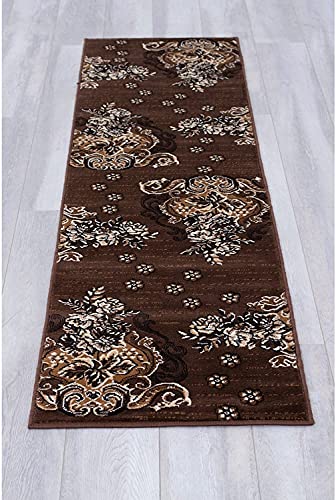 Champion Rugs Chocolate Brown/Beige/Mocha/Ivory/Abstract Area Rug Modern Contemporary Flower Swirls Pattern Carpet (2’ X 7’ Runner)