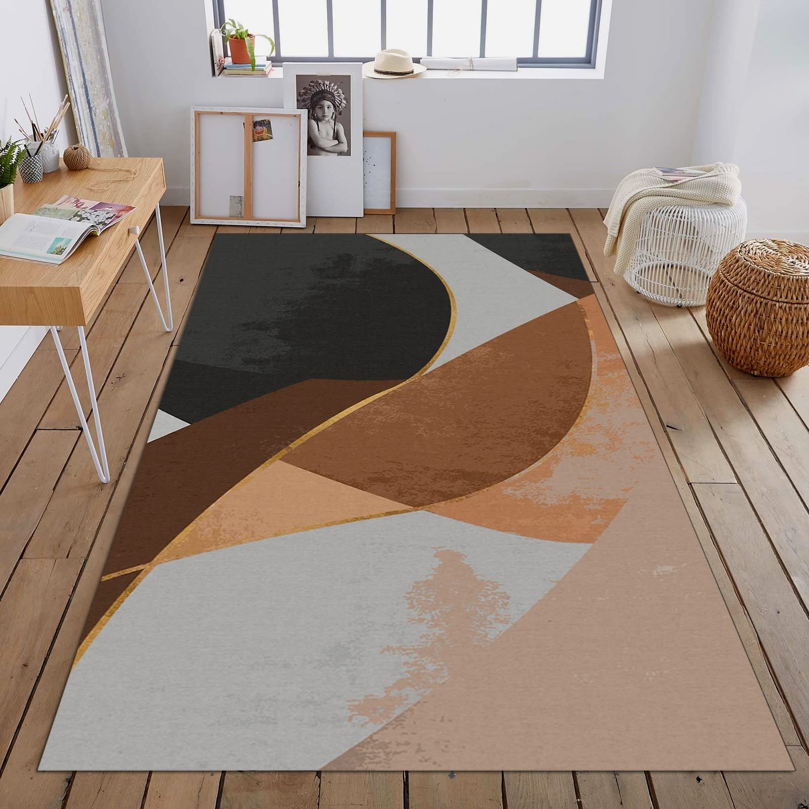 Brown Black Graffiti Texture Large Area Rugs, Abstract Art Runner Rugs, Non-Slip Floor Throw Mat, Rectangle Carpet for Living Room, Bedroom, Hallway Front Entrance, Kitchen, Dining, 5'3" x 6'7"