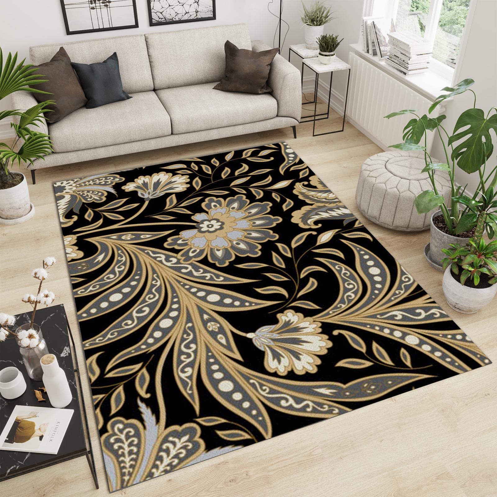 Luxury Abstract Leaves Floral Area Rugs, Black Background Brown Plants Living Room Rug, Soft Cozy Breathable Washable Entryway Rug for Dining Room Bedroom Bedside Indoor Runner, 2x3ft