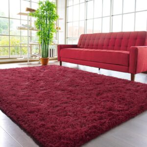 HOMORE Wine Red Rugs for Living Room, 5x8 Feet Fluffy Burgundy Area Rug Modern Shag Rugs for Bedroom, Super Soft Furry Carpet for Kids Room, Cute Rugs and Carpets for Nursery Girls Home Dorm Decor