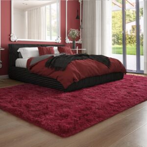 HOMORE Wine Red Rugs for Living Room, 5x8 Feet Fluffy Burgundy Area Rug Modern Shag Rugs for Bedroom, Super Soft Furry Carpet for Kids Room, Cute Rugs and Carpets for Nursery Girls Home Dorm Decor