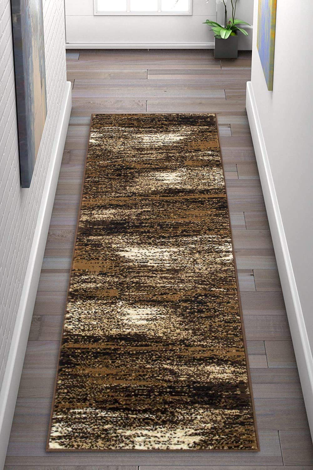 Champion Rugs Abstract Contemporary Modern Design Brushed Colors Stripes Brown Mocha Area Rug Carpet (2’ X 7’ Runner)