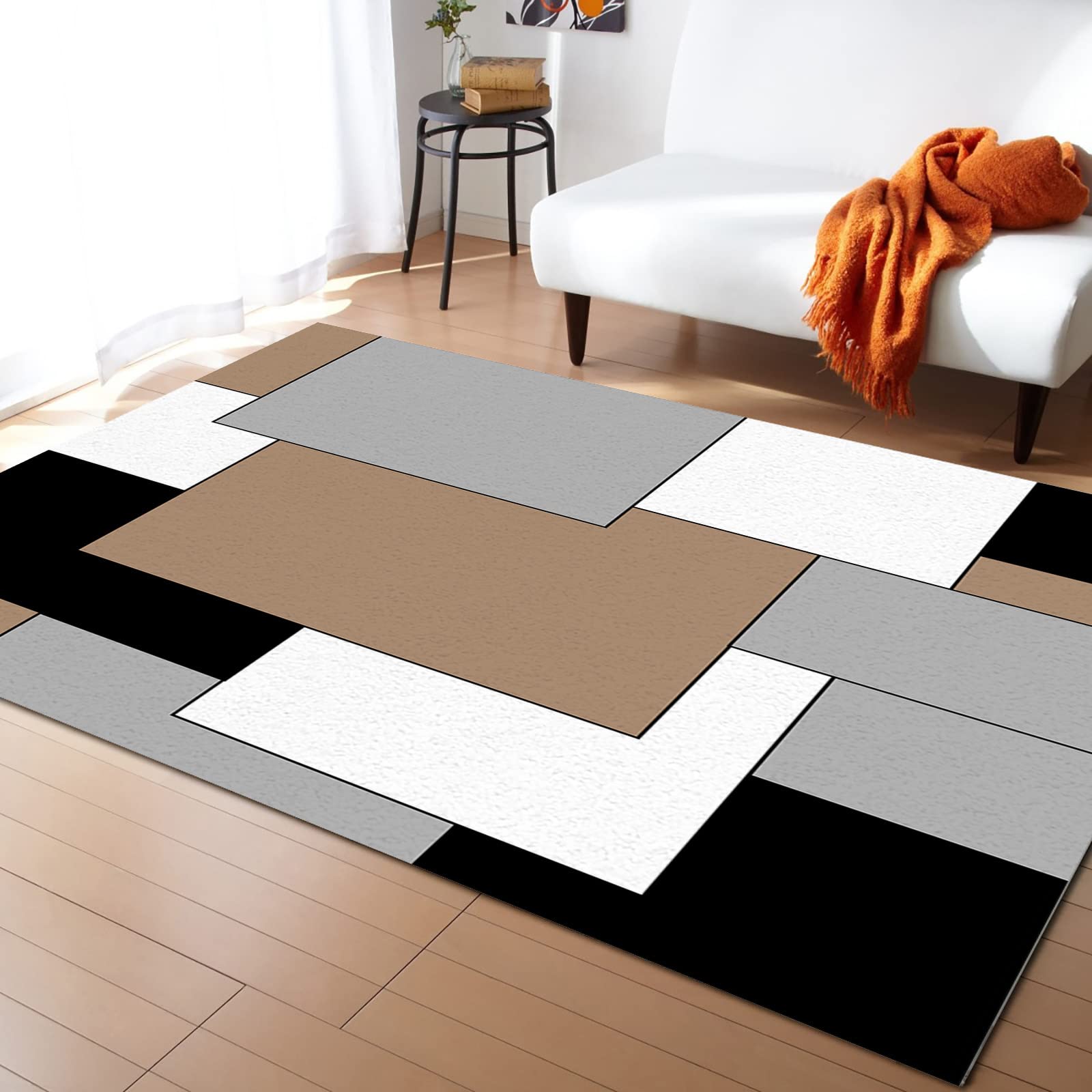 Brown Black Geometric Area Rugs Indoor Non-Slip Rectangle Rug 2.7x5 ft, Abstract Color Block Brown Black Gray Rug Rubber Backing Floor Mats Contemporary Home Decor Carpet for Entryway Living Room