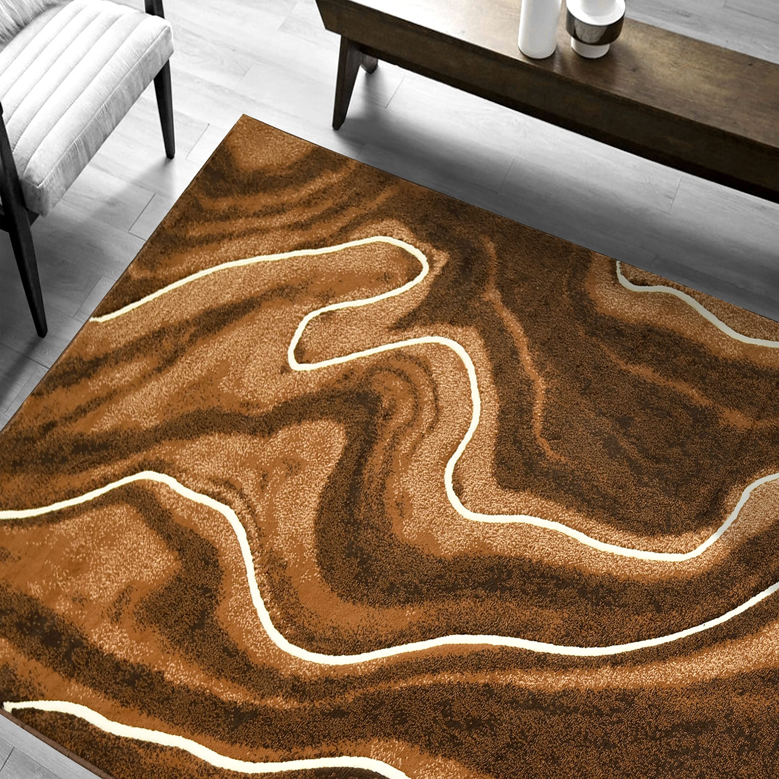 HR Mocha Brown and Beige Modern Contemporary Abstract Area Rugs Marble Pattern