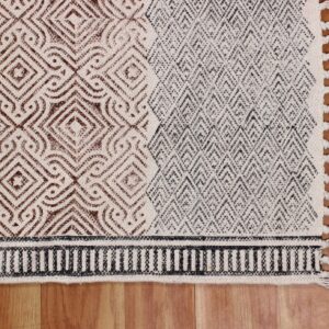 Casavani Hand Block Printed Hand Made Brown, Black Geometric Tassel Rug Cotton Easy Washable Rugs Floor Carpet for Doormat Entryway Living Room Bedroom Hallway Balcony 6x12 Feet Runner