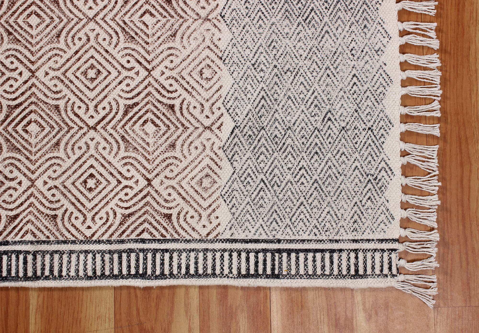 Casavani Hand Block Printed Hand Made Brown, Black Geometric Tassel Rug Cotton Easy Washable Rugs Floor Carpet for Doormat Entryway Living Room Bedroom Hallway Balcony 6x12 Feet Runner