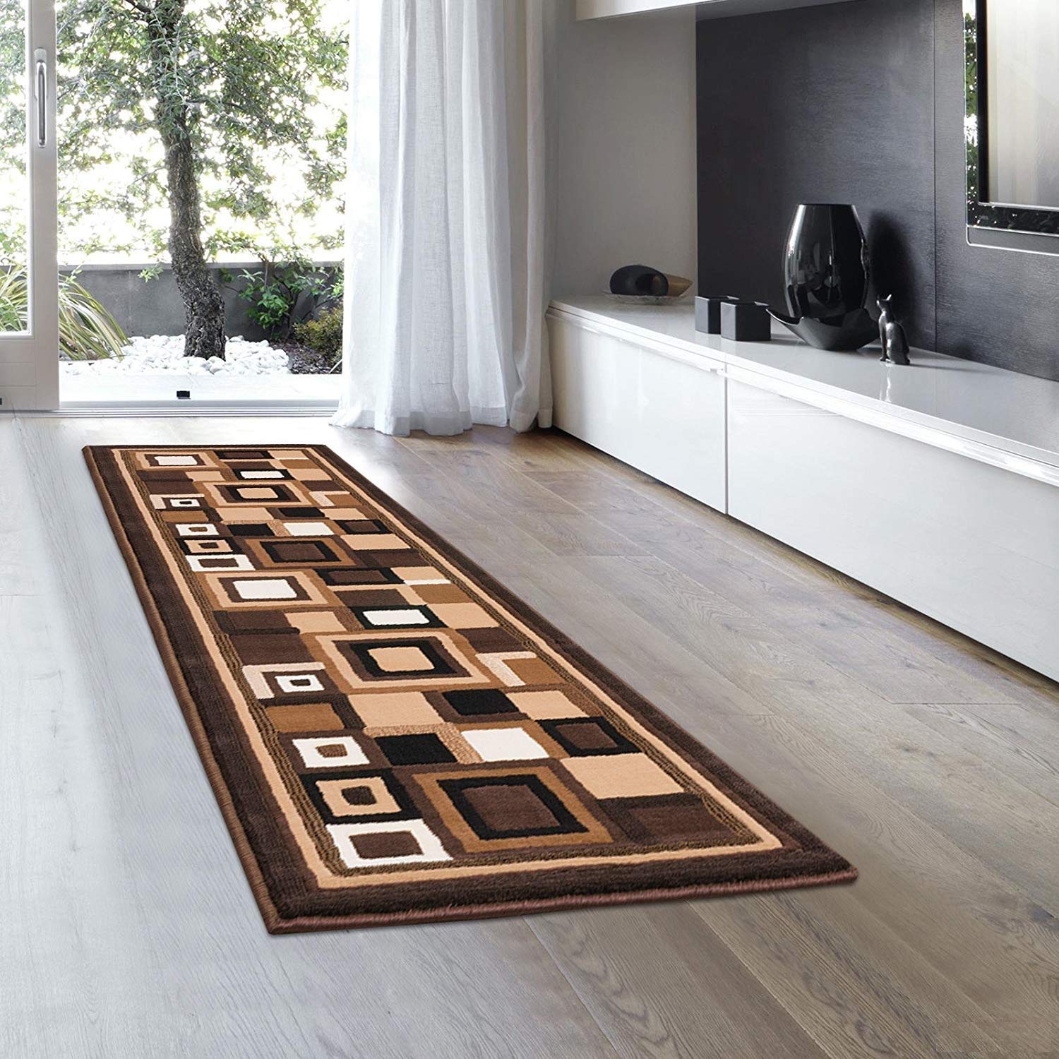 Champion Rugs Squares Chocolate & Mocha Modern Geometric Comfy Casual Hand Carved Area Rug Easy to Clean Stain Resistant Abstract Boxes Contemporary Thick Soft Plush Room (2 Feet X 7 Feet Runner)